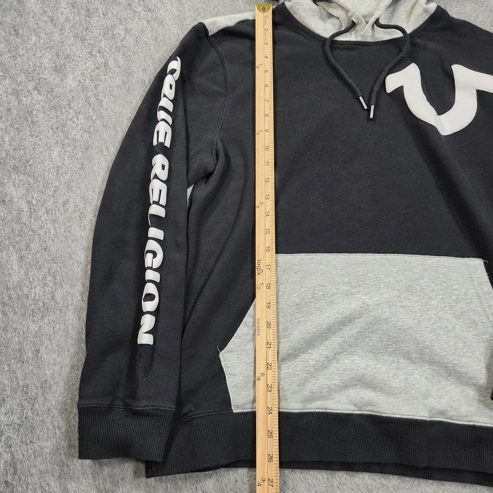 True Religion Hoodie Sweatshirt Mens Large Black Color Block Fleece Pullover